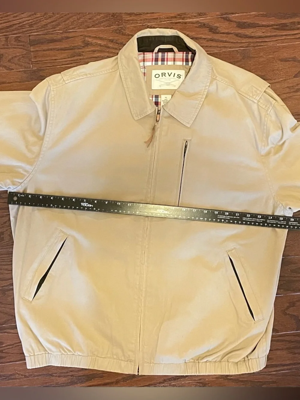 Orvis Tan Cotton Jacket with Red & Navy Plaid Lining - Picture 11 of 13